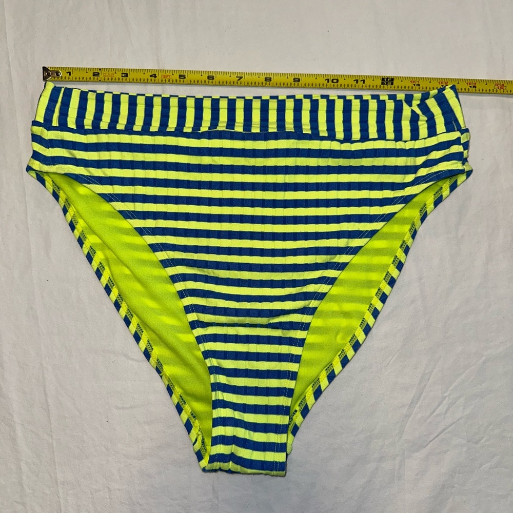 Xhilaration Women’s Blue And Neon Yellow Striped High Rise Bikini Bottoms Large